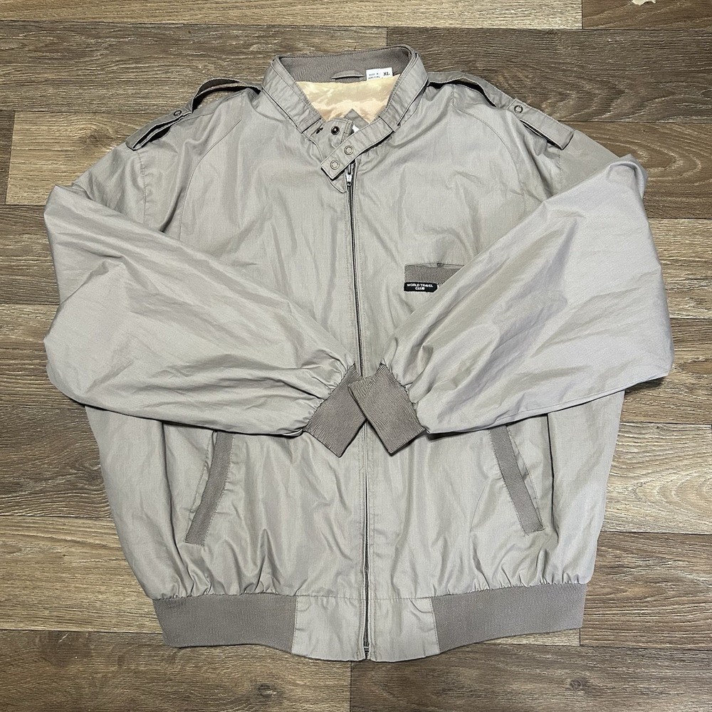 World Travel Club Bomber Jacket Mens XL Gray Vintage Members Only Style Utility